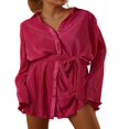 thumbnail image 3 of Robe Chemise Plissée Mini pour Femmes Manches Longues Boutonnée Sexy Robes Courtes Lacées Tunique Ceinturée Robes Clubwear, 3 of 9