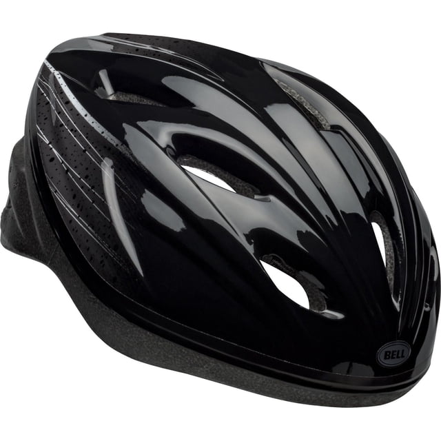 Bell Sports Cruiser™ Adult Bike Helmet in glossy black with thirteen vents for airflow, no-pinch buckles for quick adjustment, and a low-profile aerodynamic design, meeting CPSC safety standards for reliable adult cycling protection.