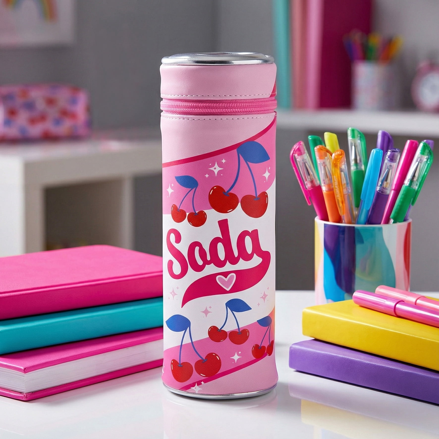 Pen+Gear Novelty Cherry Soda Can Shaped Pencil Pouch, Multi-Colour PU, Pink Zip, Elementary School  and Middle School
