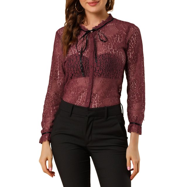 INSPIRE CHIC Women's Ruffled Collar Long Sleeve See Through Lace Button Down Shirt