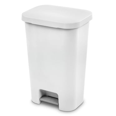 Sterilite 45 L StepOn Wastebasket, Large Space Efficient Trash Can, Hands-Free Open, Ideal for Kitchen, White