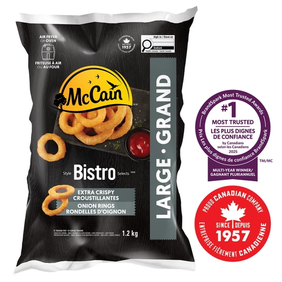 McCain Bistro Selects Extra Crispy Onion Rings, Made in Canada from domestic and imported ingredients, 1.2 kg