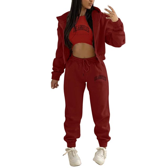 Kcodviy Ensemble de Chandail à Capuchon et Smoking pour Femmes, Ensemble de Pantalon Formel 3 Pcs, Col Suspendu, Empiècement en Filet, Combinaison à Jambe Grand, Imprimé de Lettres, Molleton, Tenue de Sport Décontractée