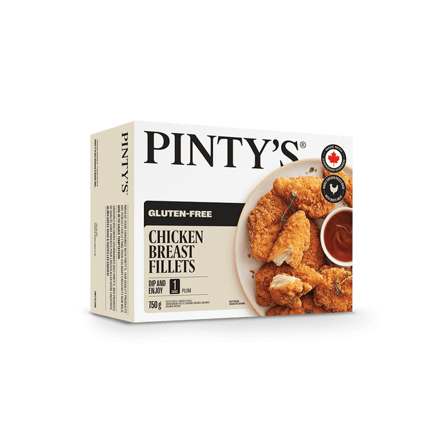 Pintys Seasoned Chicken Breast Filets gluten-free breaded chicken breast filets in a 750 g frozen package, shown on a white plate with plum dipping sauce, featuring Canadian chicken label and serving suggestion for frozen chicken.
