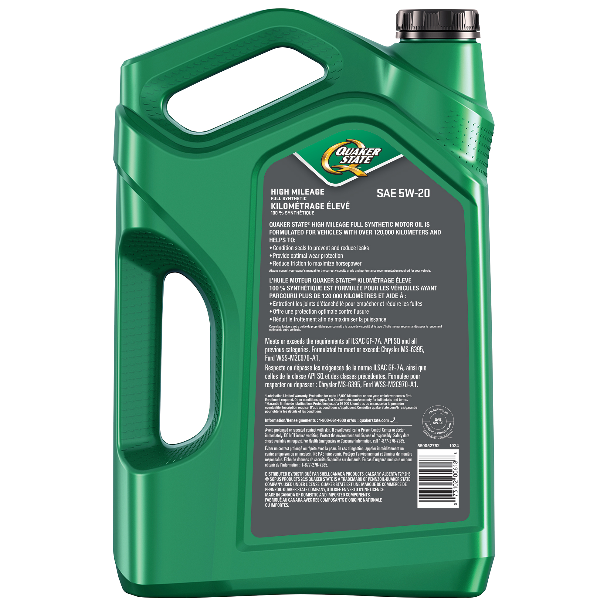 Huile moteur Quaker State Kilométrage élevé 100 % synthétique SAE 5W-20