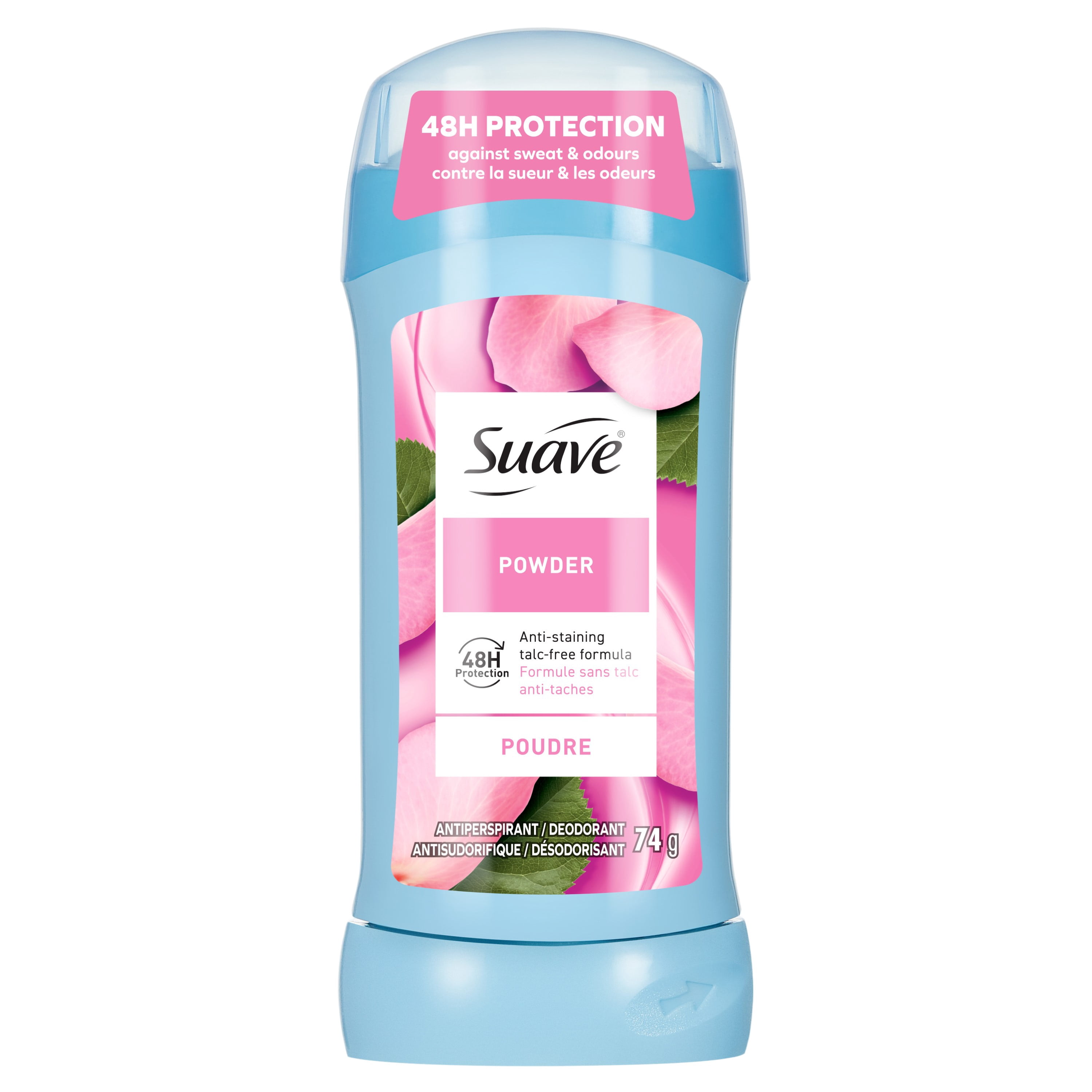 Déodorant antisudorifique Suave pour femmes, protection 48 heures, parfum de poudre, 74g