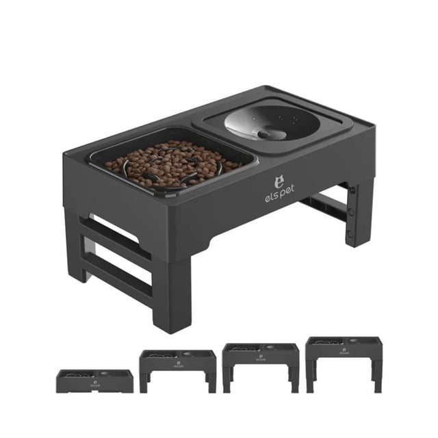 Els Pet 2 In 1 Elevated Feeding Station with slow feeder bowl and floating water bowl in black, adjustable height legs for all dog life stages, anti-slip design to reduce spills and promote slower eating to prevent indigestion.