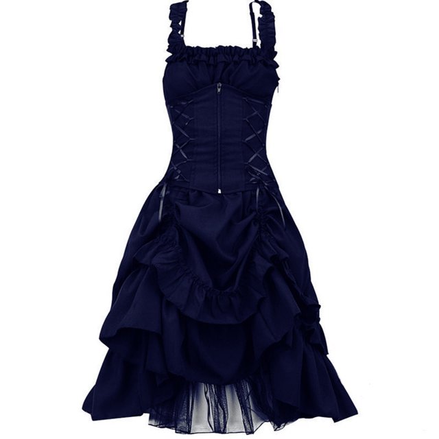 Fridja Ladies Summer Sleeveless Gothic Style Dark Drawstring Waist Solid Color Dress