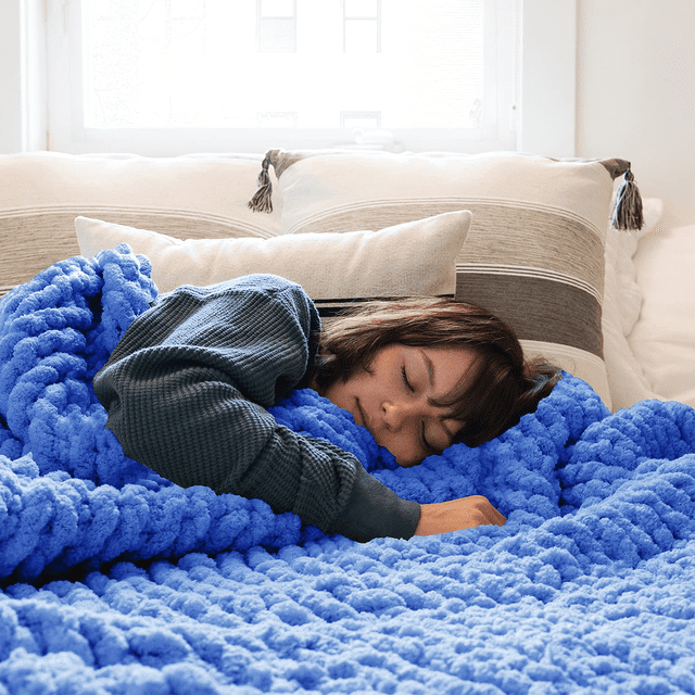 Comtest Chunky Knit Throw Blanket Chenille, Denim Blue, 40"x40"(Single Sofa)