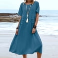 thumbnail image 2 of yoeyez Robes en Coton et Lin pour Femmes pour l'Été, Robes Unies à Col Rond pour Dames, Coupe Ample, Manches Courtes, Robe Midi Décontractée de Plage Évasée Bleu, m, 2 of 7