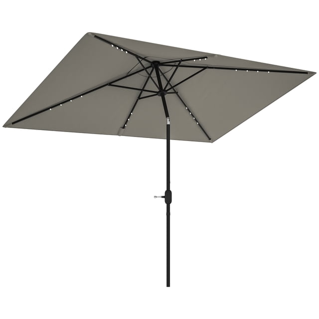Outsunny Solar Patio Umbrella with LED and Tilt, featuring a rectangular light grey canopy made of durable 180 gsm polyester fabric supported by six ribs. The umbrella includes 22 solar-powered LED lights for evening use, an adjustable tilt mechanism for UV protection, and a crank handle for easy opening and closing. The steel pole has a 1.5-inch diameter and is designed for stability. Suitable for outdoor tables, patios, and dining areas.