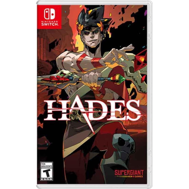 Hades pour Nintendo Switch, Présentant une Couverture Vibrante du Protagoniste Tenant une Arme dans un Fond Enflammé des Enfers. Comprend un code de Téléchargement pour la Bande Sonore Originale Hades de Darren Korb, un Livret de 32 Pages en Couleurs Intégrales avec des Illustrations de Jen Zee, et le Jeu Lui-Même Offrant un gameplay Rempli d'Action et une Histoire Convaincante. Classé T pour Ado.