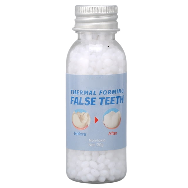 Ecomeon Colle de Réparation des Dents, Bouteille de 30 g avec Billes de Formage Thermique à Base de Caoutchouc Blanc, Conçue pour l'Entretien des Prothèses Dentaires, la Réparation Temporaire des Dents et la Création de Fausses Dents. l'Étiquette Affiche des Propriétés Non Toxiques et des illustrations avant et après pour une application Facile.