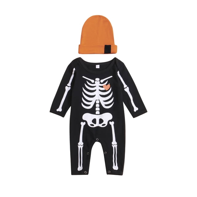 Kmbangi Combinaison à Manches Longues à Col Rond avec Imprimé de Squelette pour Garçons, et Ensemble Chapeau. La Barboteuse en Coton Noire Présente un Motif de Squelette Blanc, des Fermetures à Boutons-Pression pour Plus de Commodité, et Est Assortie à un Chapeau orange avec un accent Noir. Idéale pour les Bébés Garçons de 0 à 18 Mois, Parfaite pour une Tenue Décontractée Ou des occasions à Thème.