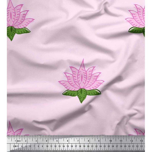 Soimoi Polyester Crepe Fabric Leaves & Lotus Block Printed Fabric 1 Yard 42 Inch Wide