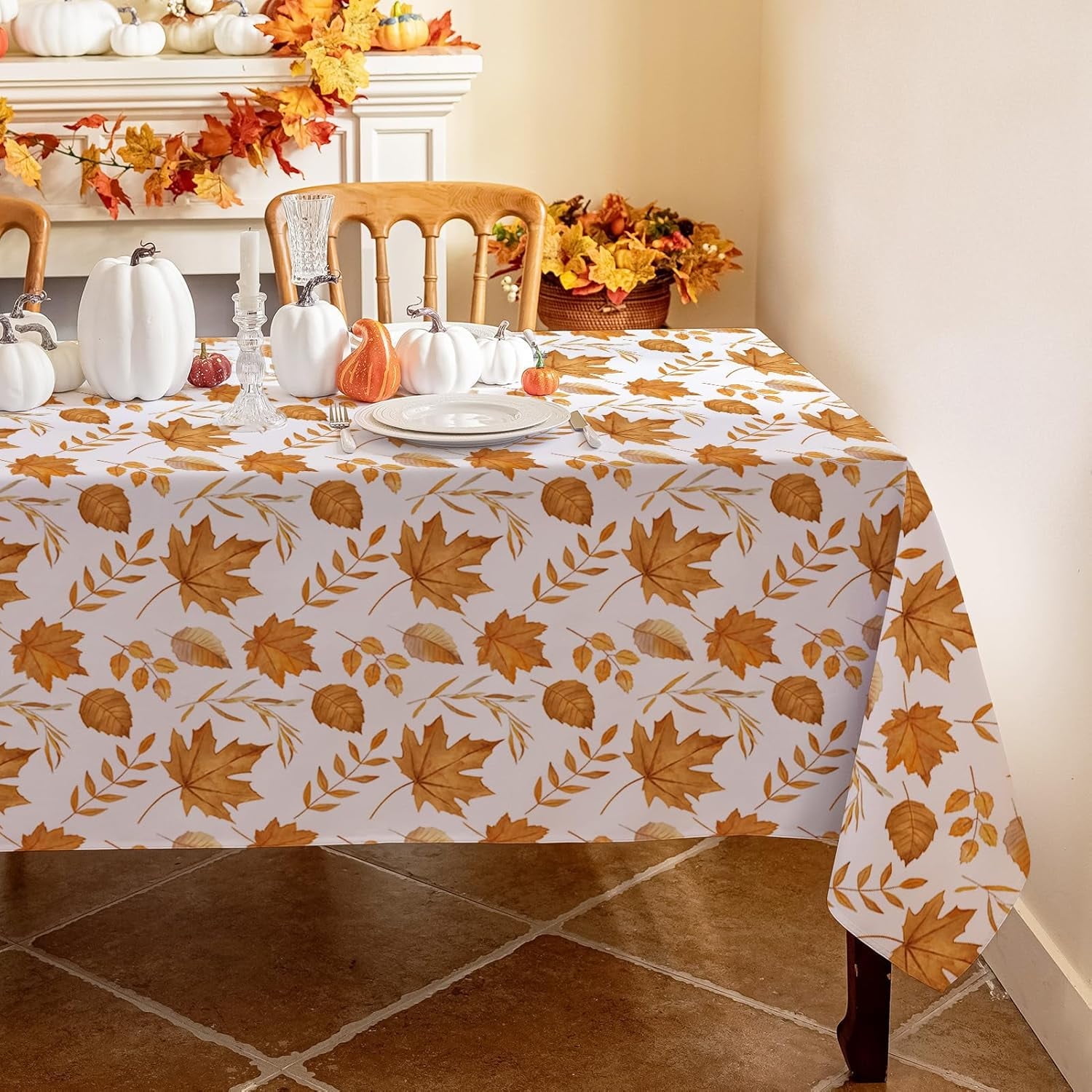Nappe Rectangulaire d'Automne 60 x 120 Pouces, Nappe de Récolte d'Automne de l'Action de Grâce Feuille d'Érable Brune, Nappe de Ferme Imperméable Résistante aux Taches pour Dîner de Fête de l'Action de Grâce