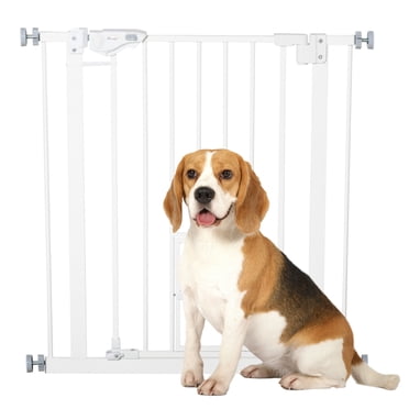 PawHut Barrière pour Animaux de Compagnie de 29 à 32 Pouces avec Porte pour Chat, Fermeture Automatique pour Chiens, Chats Blanc