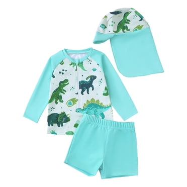 Splozh Rash Guard Toddler Baby Boys Swimsuit Long Sleeve Rash Guard Swimwear Baby Boy Swim Trunk with Hat 3 Piece Toddler Bathing Suit Light Green,12-18 Months