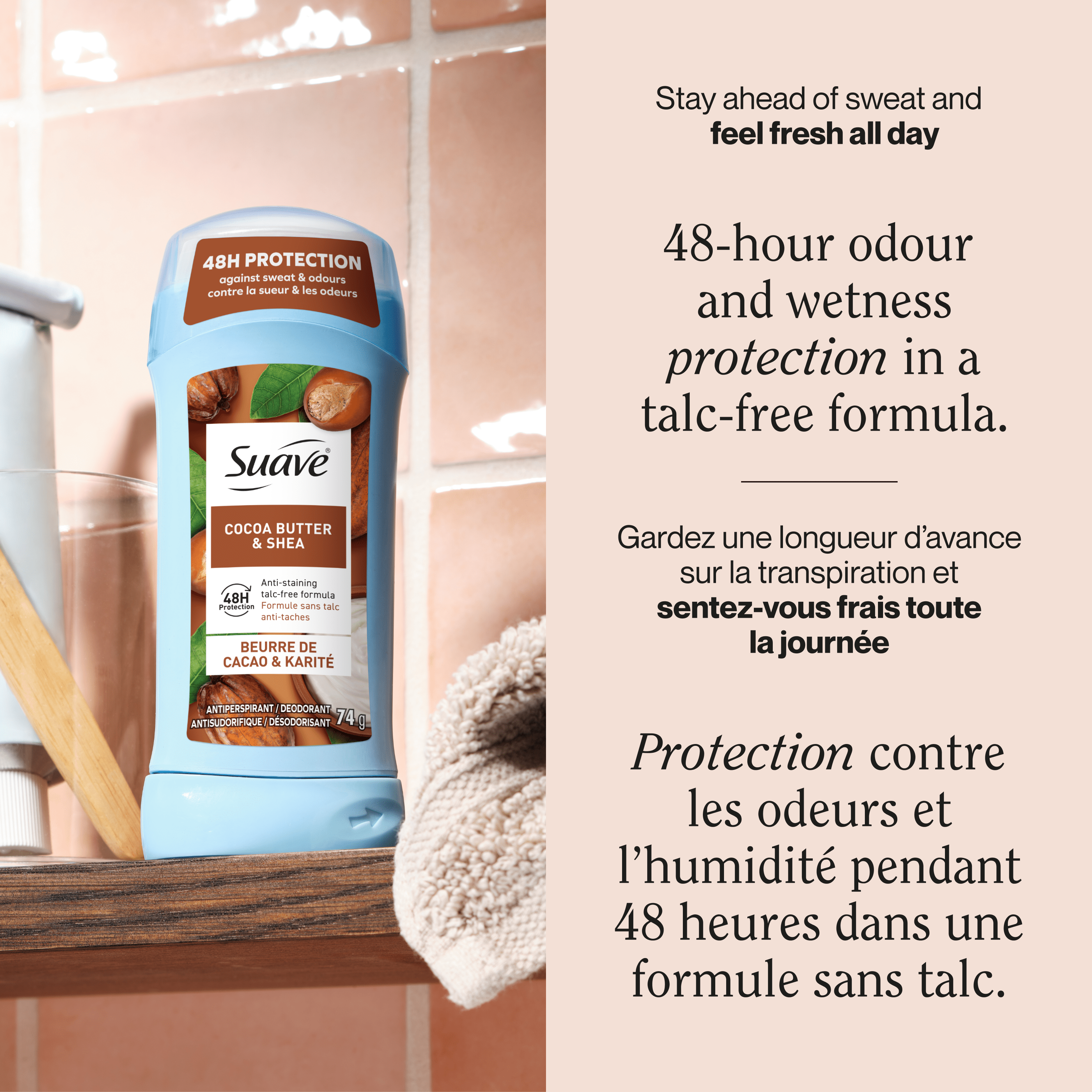 Déodorant antisudorifique pour femmes Suave, Invisible, bâton de déodorant pour les aisselles, protection contre les odeurs et l’humidité 48 heures, fragrance beurre de cacao et karité, 74g