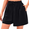 thumbnail image 1 of Ovticza Womens Linen Shorts 2025 Summer Drawstring Ruffle Elastic High Waist Solid Color Casual Beach Shorts with Pockets Black L, 1 of 8