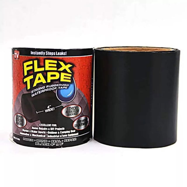 POINTERTECK Waterproof Flex Strong Paste Adhesive Tape, a black rubberized waterproof tape designed for home and garden plumbing repairs. The image shows a roll of the tape alongside its packaging, which highlights its wide 4-inch size and leak-stopping capabilities. Suitable for home repairs, DIY projects, marine and water sports, and industrial applications.
