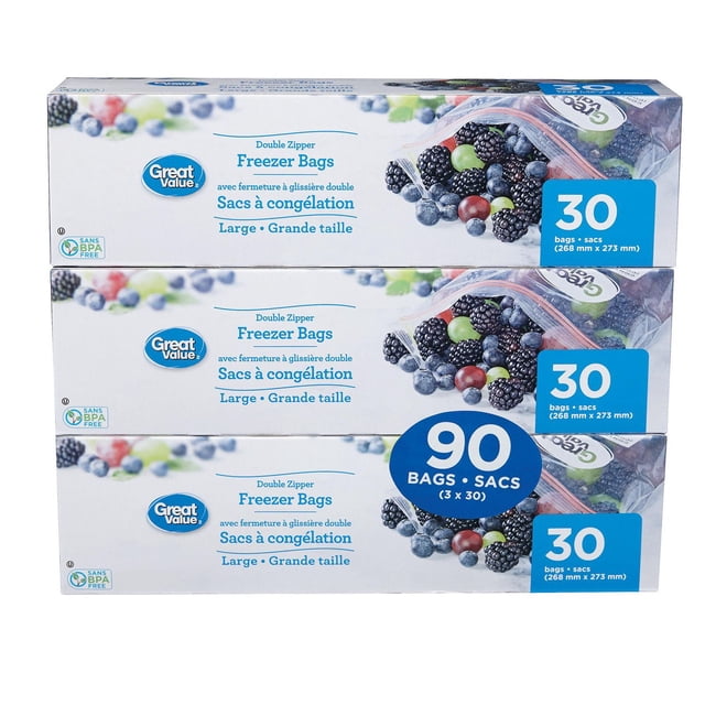 Great Value Double Zipper Freezer Bags large format, three stacked boxes with 90 bags total (3 packs of 30), each bag measuring 268 mm by 273 mm, BPA-free with double zipper seal, packaging shows mixed berries inside a clear freezer bag, ideal for freezer food storage and portion control.