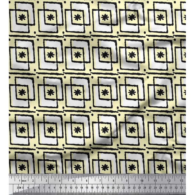 Soimoi Polyester Crepe Fabric Square & Floral Block Print Fabric by Yard 42 Inch Wide