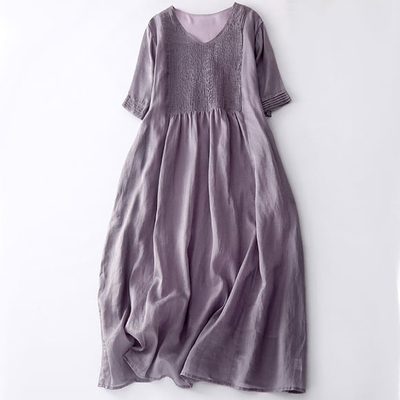 Fankiway Summer Women'S Cotton Linen Solid Loose Short Sleeve V-Neck Dress Womens Dresses Plus Size Clearance Sundresses for Women Short Sleeve