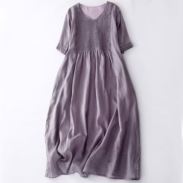 Weiqiqre Dresses for Women 2024 Summer Women's Cotton Linen Solid Loose Short Sleeve V-Neck Dress Discount