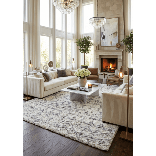 Rug Branch Retro Collection Modern Southwestern Area Rug in a bright living room with tall windows and a stone fireplace. The plush cream and gray shag rug with geometric patterns covers dark hardwood floors. The room features beige sofas, brown leather chairs, a marble coffee table with books and flowers, and modern floor lamps. The rug has jute backing for slip resistance and is stain-resistant, suitable for high-traffic family spaces and playrooms.