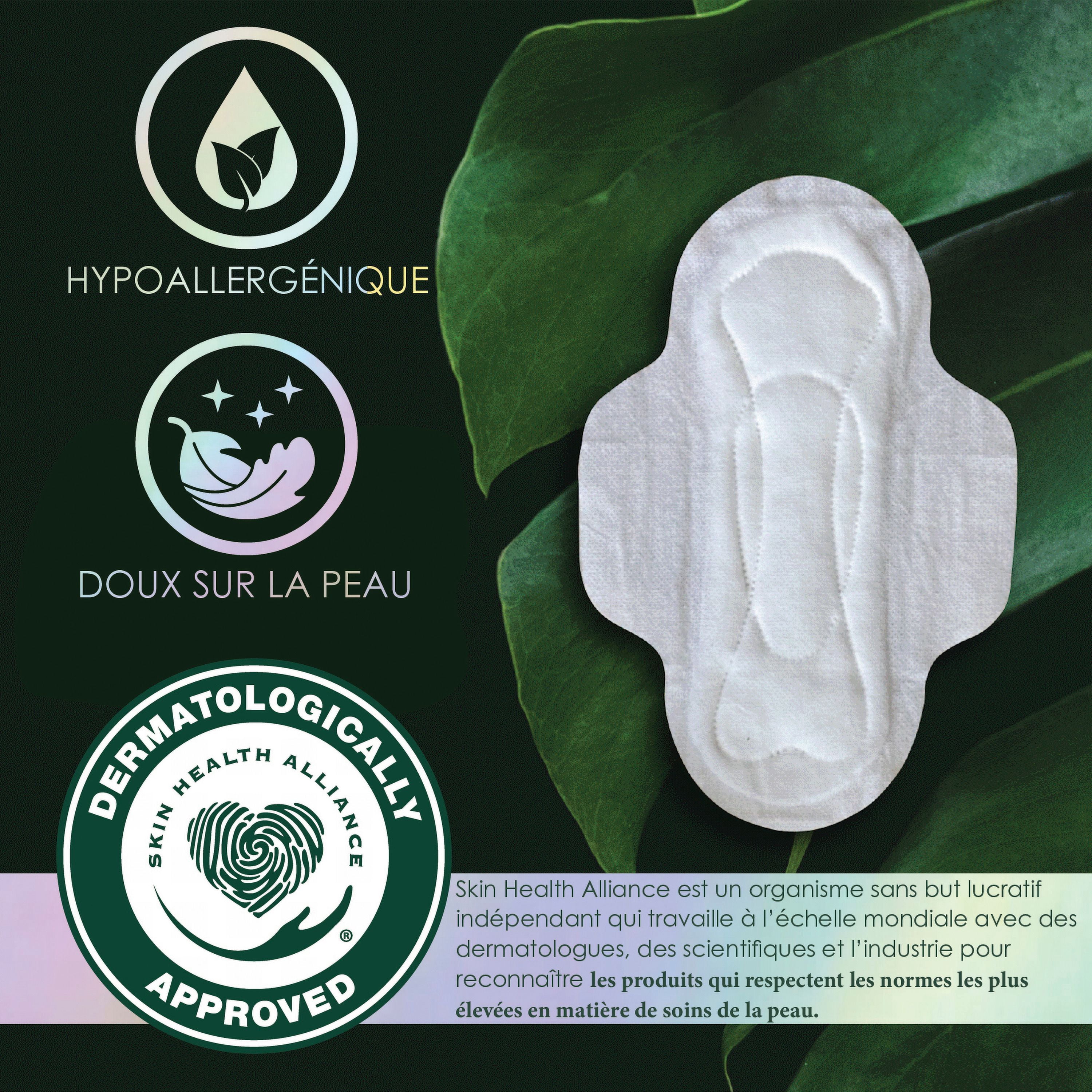 Serviettes menstruelles L. ultraminces pour femmes, degré d’absorption régulier, voile supérieur en coton biologique, avec ailes, 56 U