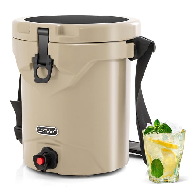 Costway 10 QT Drink Cooler Portable Insulated Ice Chest with Spigot & Shoulder Strap in beige. Features a durable rotomolded construction, thick PU foam insulation for 5-7 days of ice retention, and a leakproof flip lid with rubber sealing ring. Includes a water spigot for dispensing beverages and an adjustable padded shoulder strap for easy carrying. Designed for outdoor use, it doubles as a seat supporting up to 220 lbs and has anti-skid foot pads for stability.
