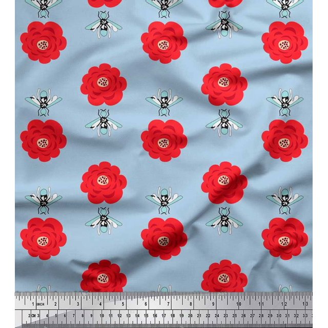 Soimoi Poly Georgette Fabric Floral & Bee Insects Fabric Prints by Yard 42 Inch Wide