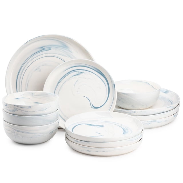 Thyme & Table Vaisselle en Grès Marbre Bleu, Ensemble de 12 Pcs avec Quatre Assiettes de Souper, Quatre Assiettes à Salade et Quatre Bols Présentant une base Blanche avec des Motifs Tourbillonnants en Marbre Bleu, Fabriqué en Grès Sécuritaire pour le Micro-Ondes, le Lave-Vaisselle, le Congélateur et le four jusqu'à 428 Degrés, Idéal pour les Repas du Quotidien et des Nappages de Table Élégants.