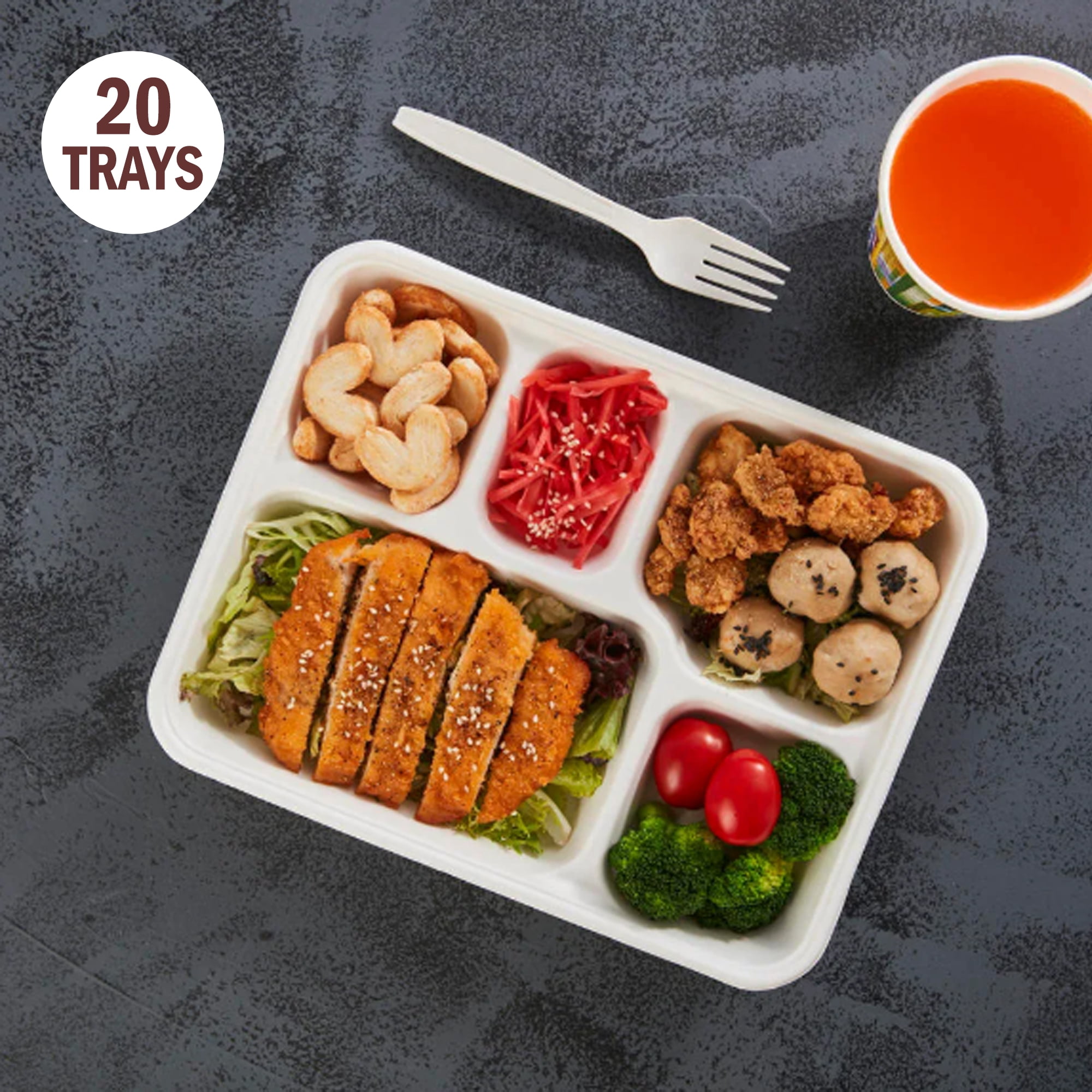 Plateau Go4Green à 5 compartiments en amidon de maïs, lot de 20