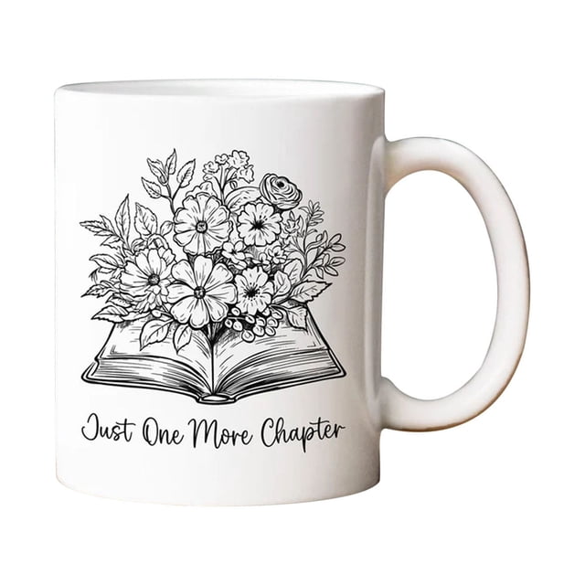 Kcavykas Kitchen floral book mug featuring a black-and-white illustration of an open book with blooming flowers and the text 'Just One More Chapter' below. This 350ml ceramic coffee mug is dishwasher and microwave safe, perfect for book lovers, librarians, and teachers, and fits well in drinkware collections.