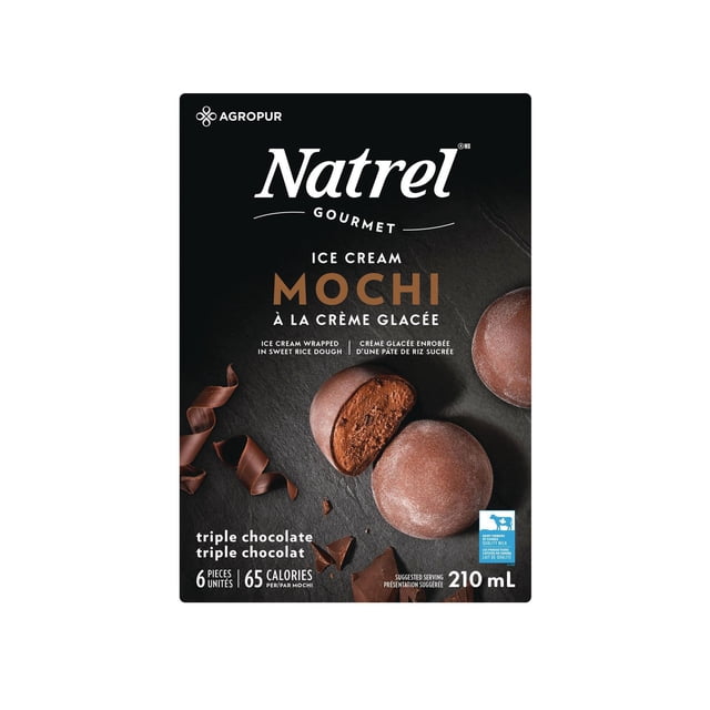 Natrel Triple Chocolate Ice Cream Mochi with six pieces of frozen chocolate ice cream wrapped in sweet chocolate rice dough, one piece cut open showing creamy chocolate ice cream with chocolate chips, 210 mL package suitable for Canadian frozen dessert selection.