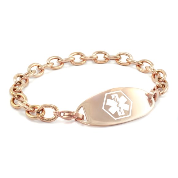 MedicEngraved Surgical 316L Stainless Steel Medical ID 8mm Rose Gold Toned Link Bracelet with Enamel Medical Tag - Medical Engraving Included