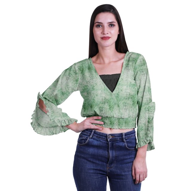 Moomaya Haut Court Imprimé pour Femmes Style Enveloppant Manches Longues à Volants Blouse d'Été Décontractée