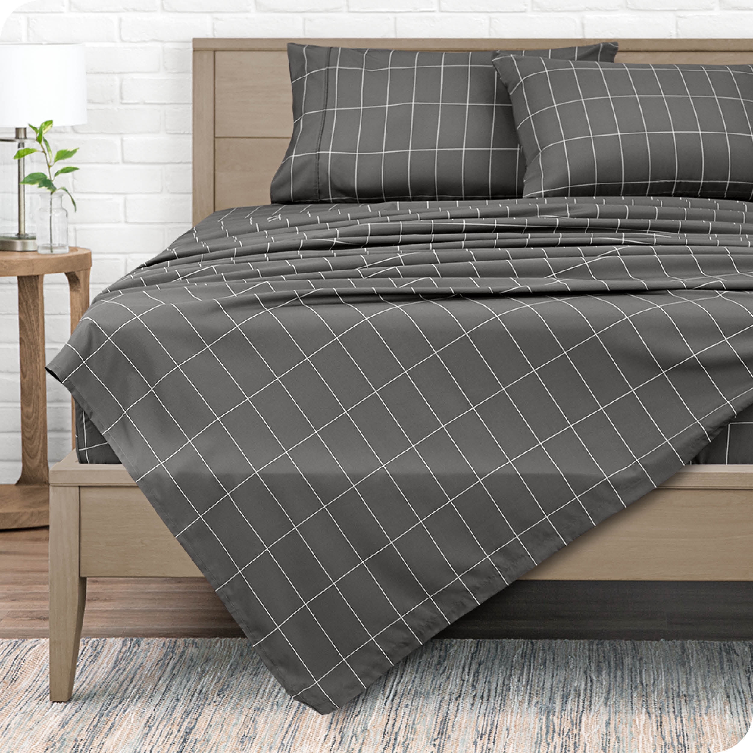 Bare Home Ultra-Soft Sheet Set - Premium 1800 Collection - Deep Pockets - 4-Pieces - California King, Grid - Gray/White