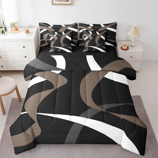 Erosebridal Ensembles de Literie Modernes à Rayures Format Simple, Ensembles de Douillette à Lignes Abstraites avec Draps, Noir Rose, Réversible, 7 Pcs