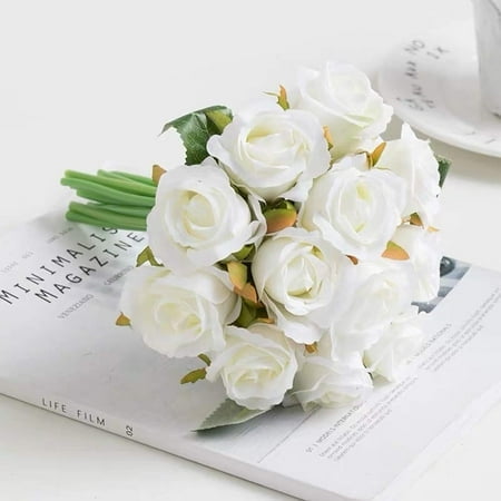 Jasion Artificial Roses Flowers 12 Heads Arrangement Silk Bouquet for Home Office Parties Bridal and Wedding Decoration (Spring White)
