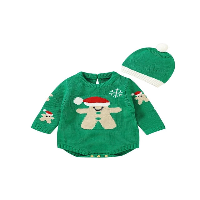 Infant Baby 2PCS Christmas Outfits Long Sleeve Neck Knit Romper + Beanie Hat Set