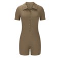 thumbnail image 1 of Kyusrd Yoga Romper For Women Stretch Waist Compression Bodysuit Button Seamless Ribbed Short Sleeve Lapel V Neck Sport Jumpsuits Casual Solid Color Workout Stretch Tummy Control Exercise Rompers, 1 of 4