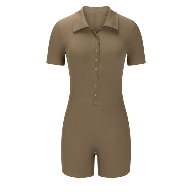 Kyusrd Yoga Romper For Women Stretch Waist Compression Bodysuit Button Seamless Ribbed Short Sleeve Lapel V Neck Sport Jumpsuits Casual Solid Color Workout Stretch Tummy Control Exercise Rompers