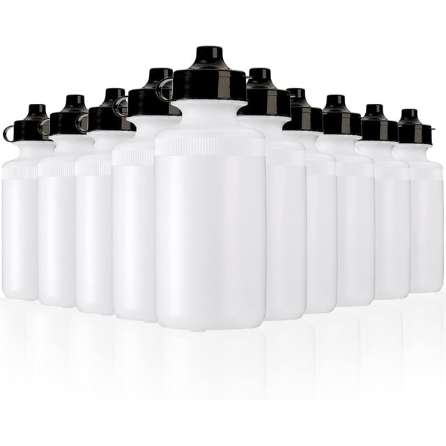 10 Pack Sports Water Bottle, 21oz BPA-free plastic squeeze bottles with easy open push/pull caps, displayed in a group arrangement. Each bottle features a blank white design with black screw-on lids and leak-proof spouts, suitable for fitness, outdoor activities, and crafting personalized designs or gifts.