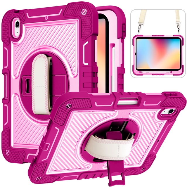 Tablet Case For Samsung Galaxy Tab A9 Plus S9 FE S8 PLUS A7 Lite S6 P610 A8 X200 X205 360 Rotation Hand Strap&Kickstand Cover Rose Red Pink -SP Tab S9 Plus