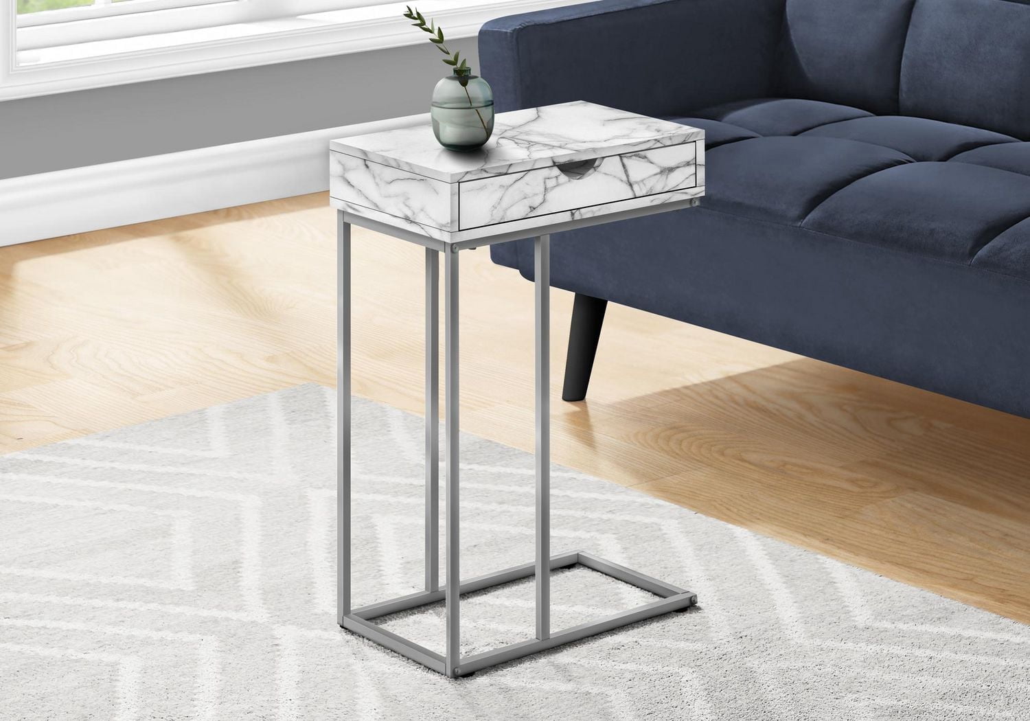 Monarch Specialties Table D'appoint, En Forme De C, Bout, Côté, Collation, Tiroir De Rangement, Salon, Chambre À Coucher, Métal, Stratifié, Aspect Marbre Blanc, Gris, Contemporain, Moderne