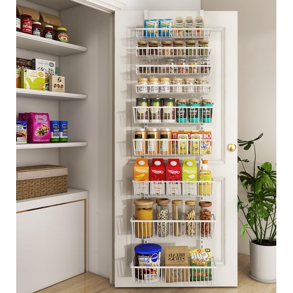 Mefirt White 9-Tier Over The Door Pantry Organizer, Pantry Organization and Storage, Deep Baskets Hanging Heavy-Duty Metal, Wall Spice Rack Seasoning