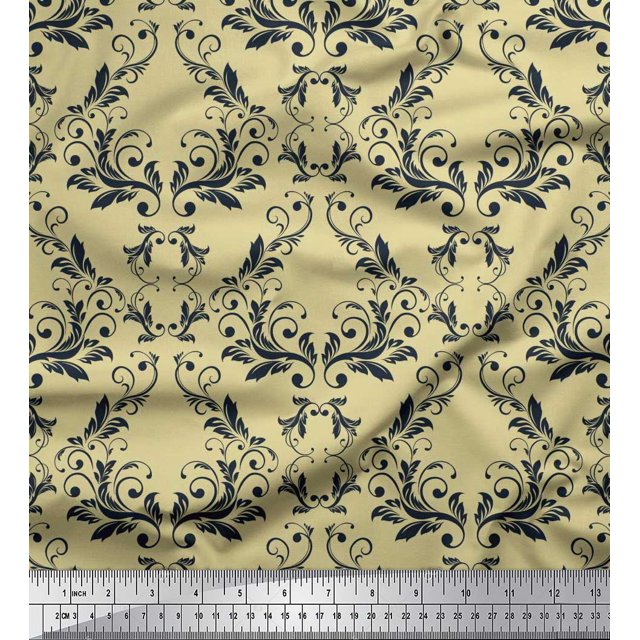 Soimoi Beige Moss Georgette Fabric Filigree Damask Decor Fabric Printed Yard 42 Inch Wide